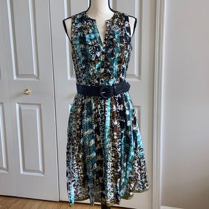 Nine West Printed Ruffle Sleeveless Dress with Belt
